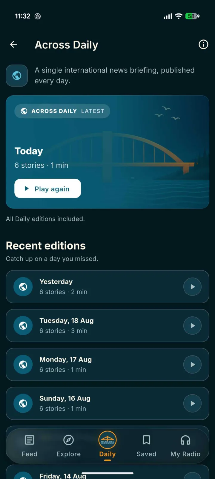 Across Daily on a Pixel 11 Pro, listing recent one-minute briefings