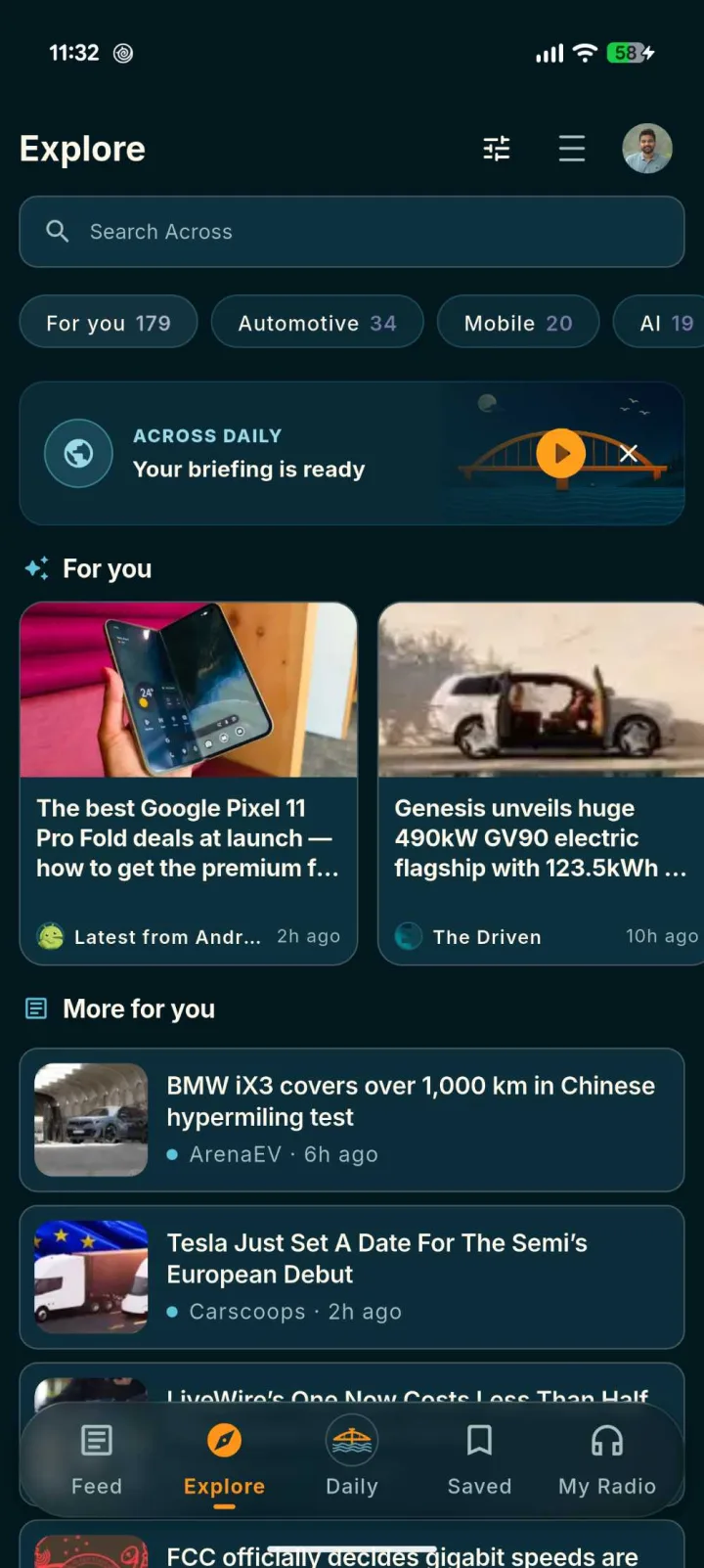 The Across explore tab on a Pixel 11 Pro, showing topic filters and recommended stories