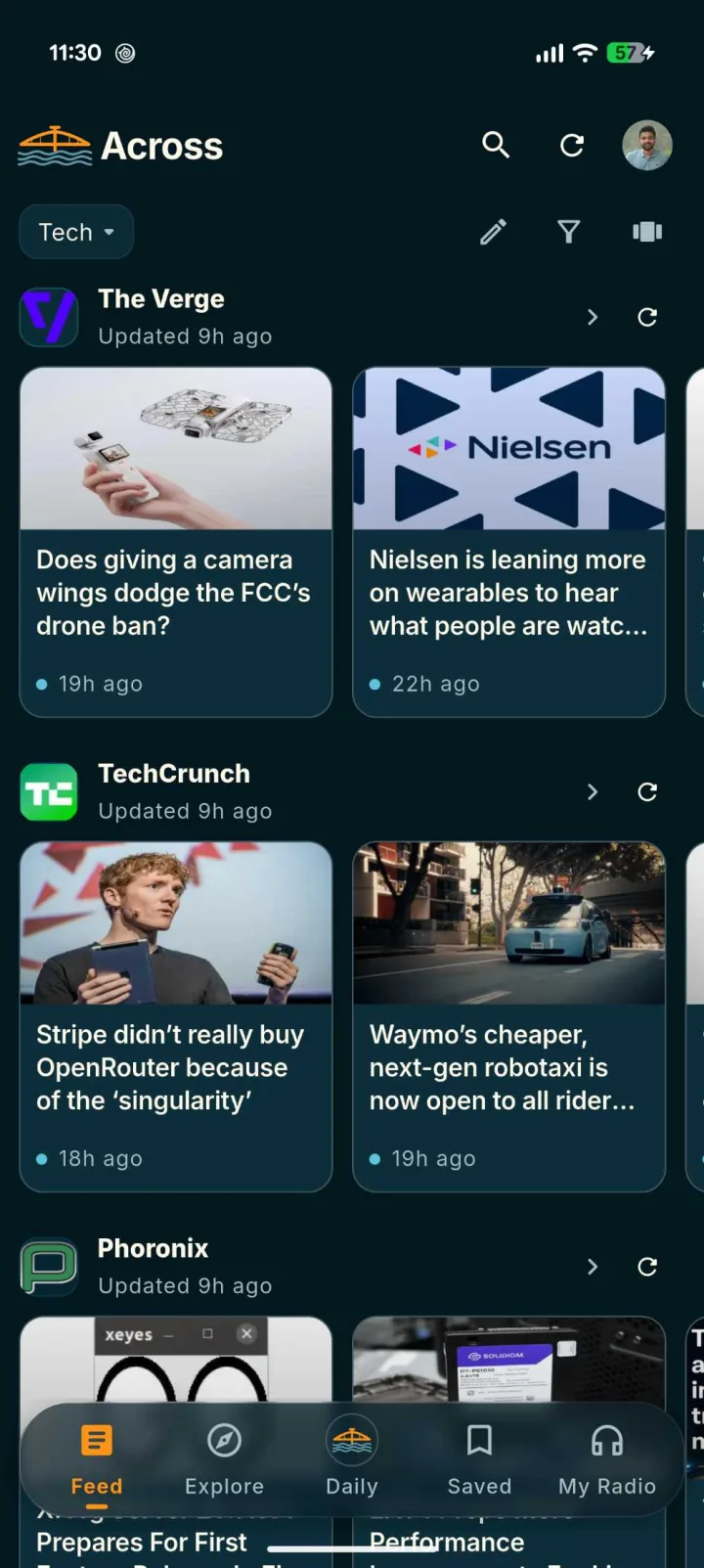 The Across feed on a Pixel 11 Pro, showing stories grouped by source