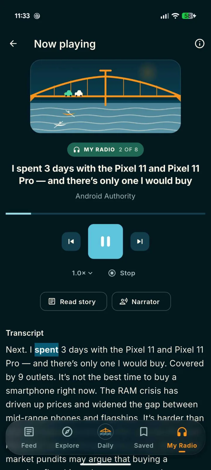 The Across audio player on a Pixel 11 Pro, playing a story with its transcript